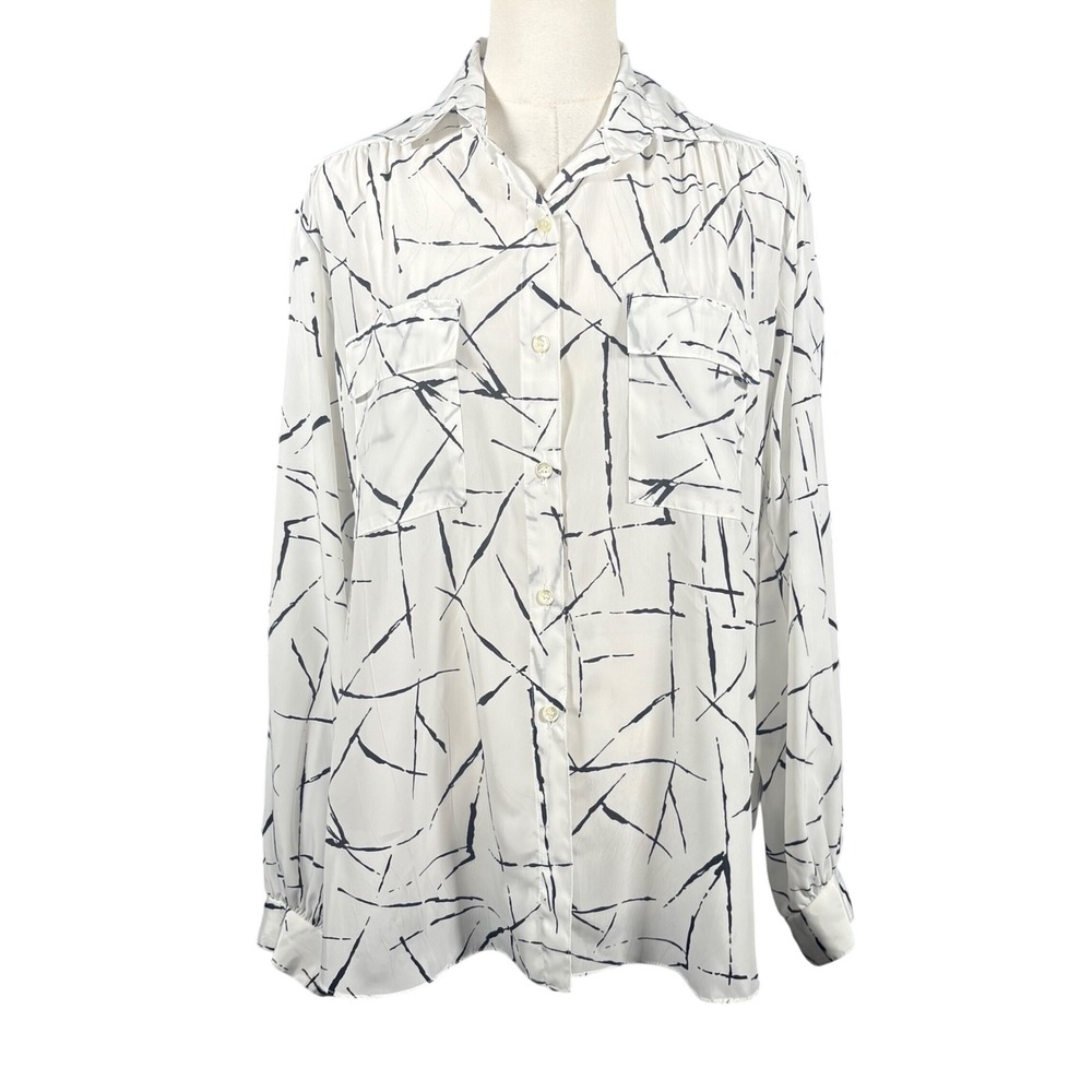 Vintage All Hours White Black Abstract Scribble Print Button Up Blouse USA Made